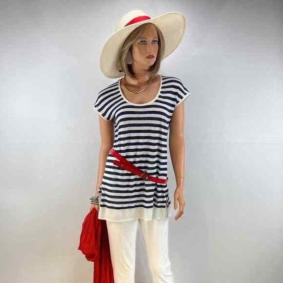 Women Linen, Tommy Hilfiger Stripe Medium, White & Navy Blue short sleevesTunic - Picture 1 of 8